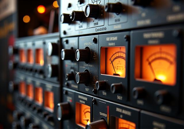 A rack of vintage analog compressors and equalizers.