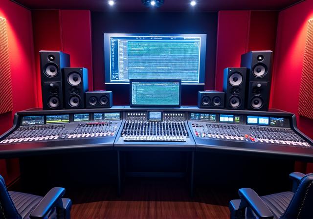 The main control room featuring a large mixing console and studio monitors.