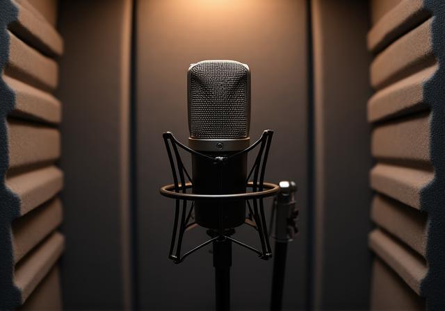 A view inside the isolated vocal booth with a high-end microphone.